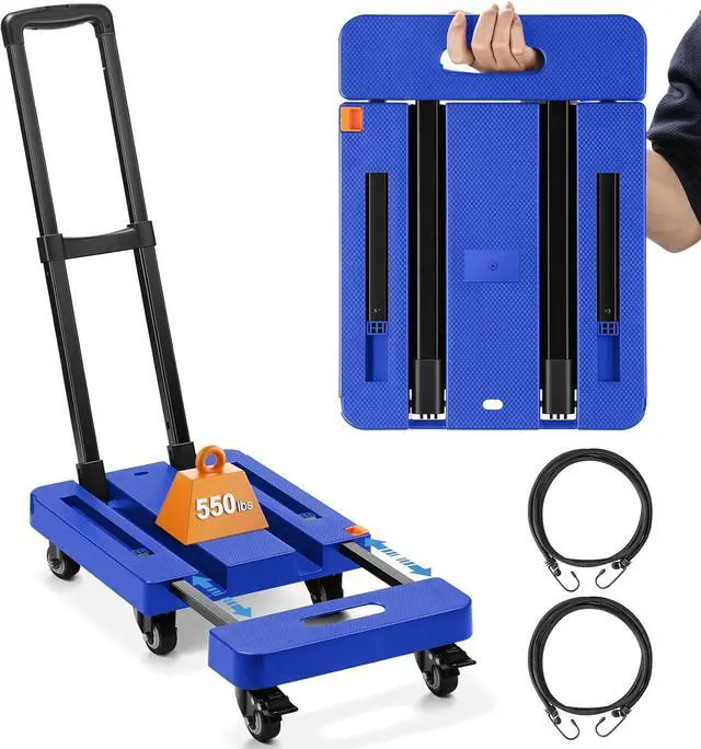Main image of Homaisson Folding Hand Truck, Heavy Duty Dolly Cart for Moving, 550 LBS Hand Truck with 6 Wheels & 2 Rope for Luggage, Moving, Shopping, Office Use (Blue)