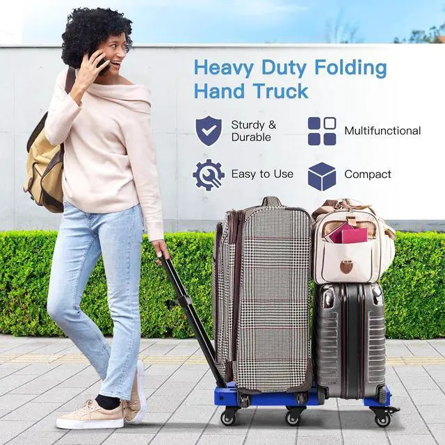 Alt view image 2 of 5 - Homaisson Folding Hand Truck, Heavy Duty Dolly Cart for Moving, 550 LBS Hand Truck with 6 Wheels & 2 Rope for Luggage, Moving, Shopping, Office Use (Blue)