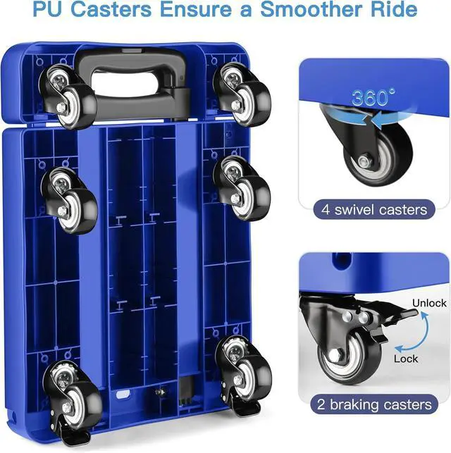 Alt view image 3 of 5 - Homaisson Folding Hand Truck, Heavy Duty Dolly Cart for Moving, 550 LBS Hand Truck with 6 Wheels & 2 Rope for Luggage, Moving, Shopping, Office Use (Blue)