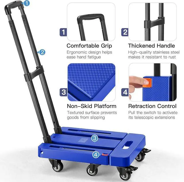 Alt view image 4 of 5 - Homaisson Folding Hand Truck, Heavy Duty Dolly Cart for Moving, 550 LBS Hand Truck with 6 Wheels & 2 Rope for Luggage, Moving, Shopping, Office Use (Blue)