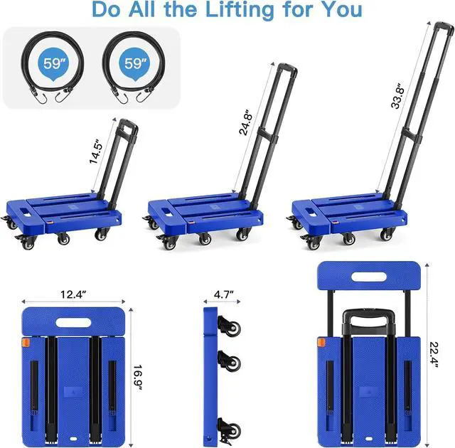 Alt view image 5 of 5 - Homaisson Folding Hand Truck, Heavy Duty Dolly Cart for Moving, 550 LBS Hand Truck with 6 Wheels & 2 Rope for Luggage, Moving, Shopping, Office Use (Blue)