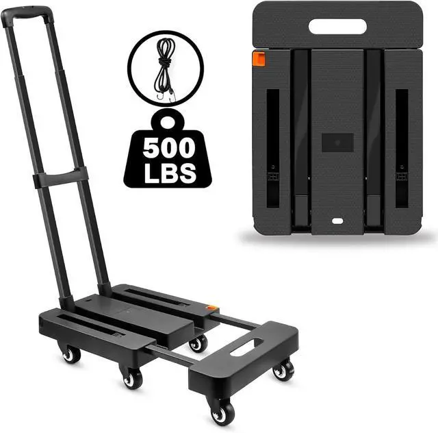 Main image of Folding Hand Truck, 500lbs Heavy Duty Luggage Cart, Professional Utility Dolly Platform Cart with 6 Wheels and 2 Elastic Ropes for Luggage, Travel, Moving, Shopping, Office Use, Black