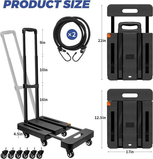 Alt view image 2 of 7 - Folding Hand Truck, 500lbs Heavy Duty Luggage Cart, Professional Utility Dolly Platform Cart with 6 Wheels and 2 Elastic Ropes for Luggage, Travel, Moving, Shopping, Office Use, Black