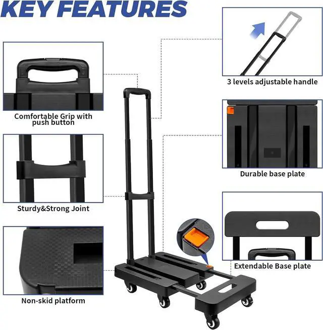 Alt view image 3 of 7 - Folding Hand Truck, 500lbs Heavy Duty Luggage Cart, Professional Utility Dolly Platform Cart with 6 Wheels and 2 Elastic Ropes for Luggage, Travel, Moving, Shopping, Office Use, Black