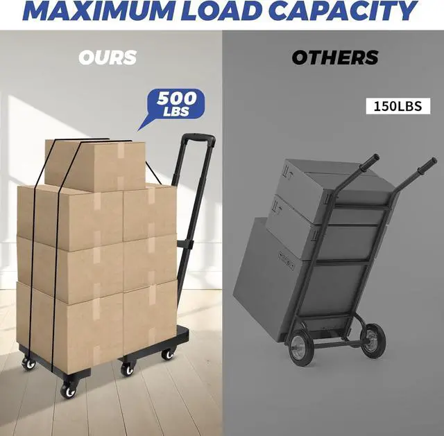 Alt view image 5 of 7 - Folding Hand Truck, 500lbs Heavy Duty Luggage Cart, Professional Utility Dolly Platform Cart with 6 Wheels and 2 Elastic Ropes for Luggage, Travel, Moving, Shopping, Office Use, Black