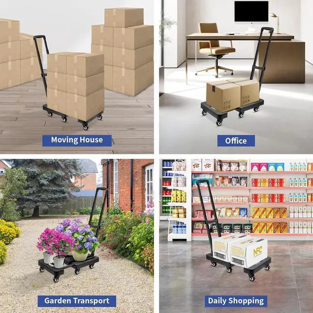 Alt view image 7 of 7 - Folding Hand Truck, 500lbs Heavy Duty Luggage Cart, Professional Utility Dolly Platform Cart with 6 Wheels and 2 Elastic Ropes for Luggage, Travel, Moving, Shopping, Office Use, Black