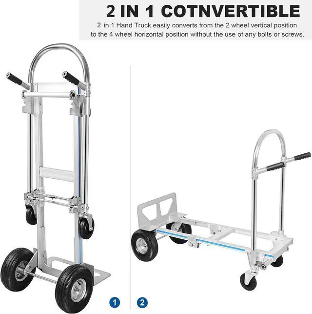Alt view image 3 of 7 - 2 in 1 Aluminum Hand Truck, Industrial Convertible Hand Truck and Dolly 1000 LBS Capacity, Heavy Duty Hand Truck Flatform Cart with 10" Hi Tech Rubber Wheels