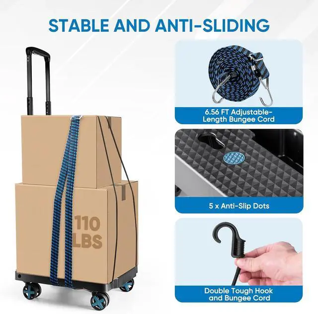 Alt view image 4 of 7 - TICONN Folding Hand Truck Dolly, Portable Dolly with Adjustable Handle,Lightweight Luggage Utility Cart with 4 Rotate Wheels