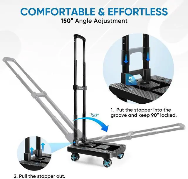 Alt view image 3 of 7 - TICONN Folding Hand Truck Dolly, Portable Dolly with Adjustable Handle,Lightweight Luggage Utility Cart with 4 Rotate Wheels