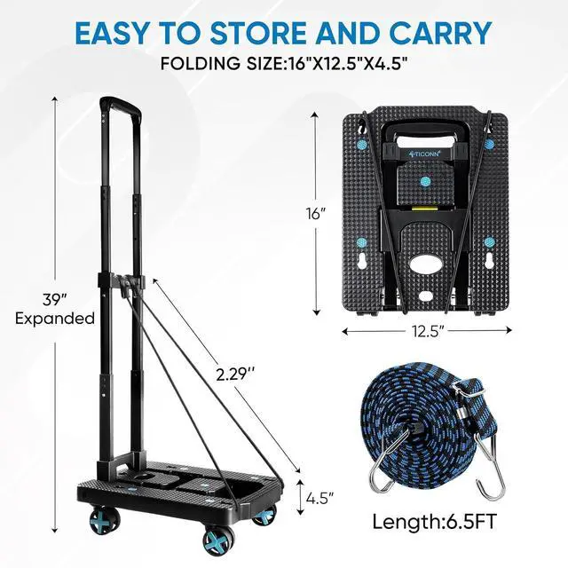 Alt view image 5 of 7 - TICONN Folding Hand Truck Dolly, Portable Dolly with Adjustable Handle,Lightweight Luggage Utility Cart with 4 Rotate Wheels