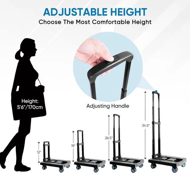 Alt view image 6 of 7 - TICONN Folding Hand Truck Dolly, Portable Dolly with Adjustable Handle,Lightweight Luggage Utility Cart with 4 Rotate Wheels