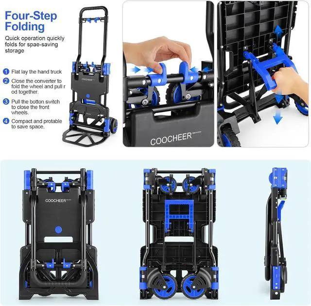 Alt view image 3 of 7 - 330LB Folding Hand Truck Moving Dolly, Hand Trucks Heavy Duty Combination of 4 Wheels and 2 Wheels Convertible Dolly Cart with Retractable Handle Dolly for Moving Office Carts(Blue)