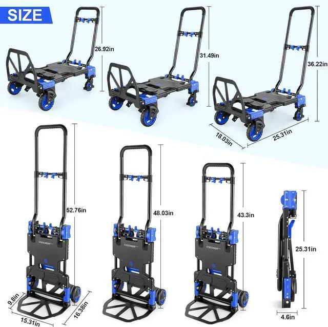 Alt view image 2 of 7 - 330LB Folding Hand Truck Moving Dolly, Hand Trucks Heavy Duty Combination of 4 Wheels and 2 Wheels Convertible Dolly Cart with Retractable Handle Dolly for Moving Office Carts(Blue)
