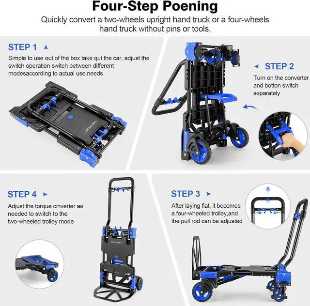 Alt view image 4 of 7 - 330LB Folding Hand Truck Moving Dolly, Hand Trucks Heavy Duty Combination of 4 Wheels and 2 Wheels Convertible Dolly Cart with Retractable Handle Dolly for Moving Office Carts(Blue)