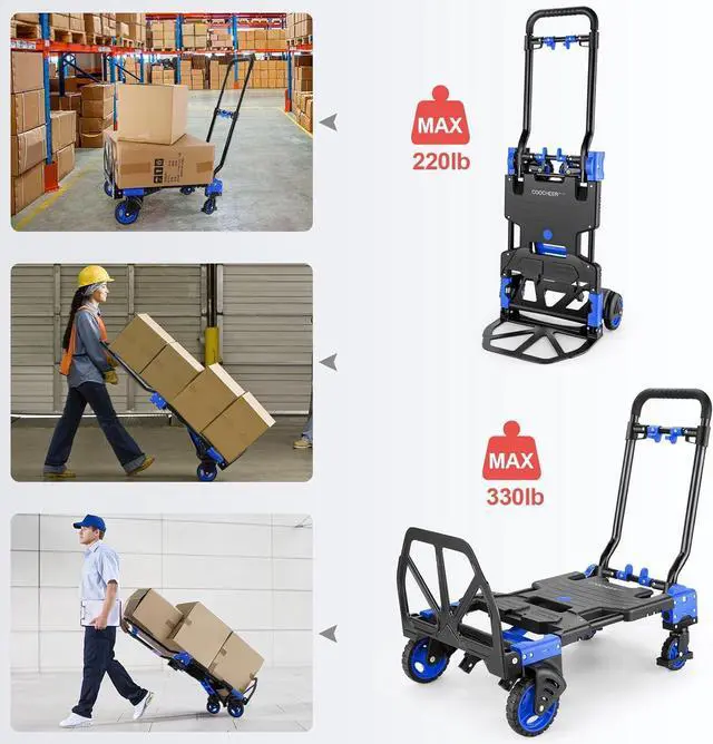 Alt view image 5 of 7 - 330LB Folding Hand Truck Moving Dolly, Hand Trucks Heavy Duty Combination of 4 Wheels and 2 Wheels Convertible Dolly Cart with Retractable Handle Dolly for Moving Office Carts(Blue)
