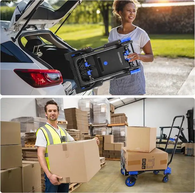Alt view image 6 of 7 - 330LB Folding Hand Truck Moving Dolly, Hand Trucks Heavy Duty Combination of 4 Wheels and 2 Wheels Convertible Dolly Cart with Retractable Handle Dolly for Moving Office Carts(Blue)