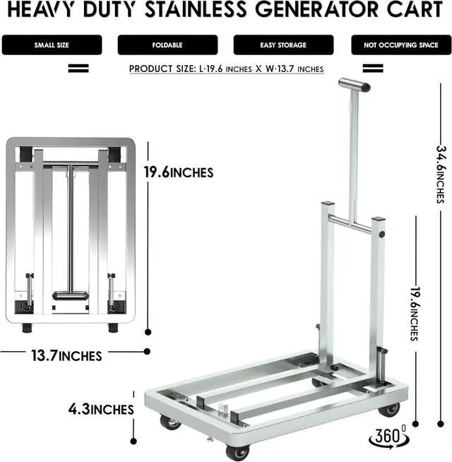 Alt view image 2 of 7 - Generator Wheel Kit,GeneratorCart,500LB Heavy-Duty GeneratorCart with Wheels, Made of 100% Sstainless Steel,(19.6X13.7inches) (Stainless Steel Iron Color)