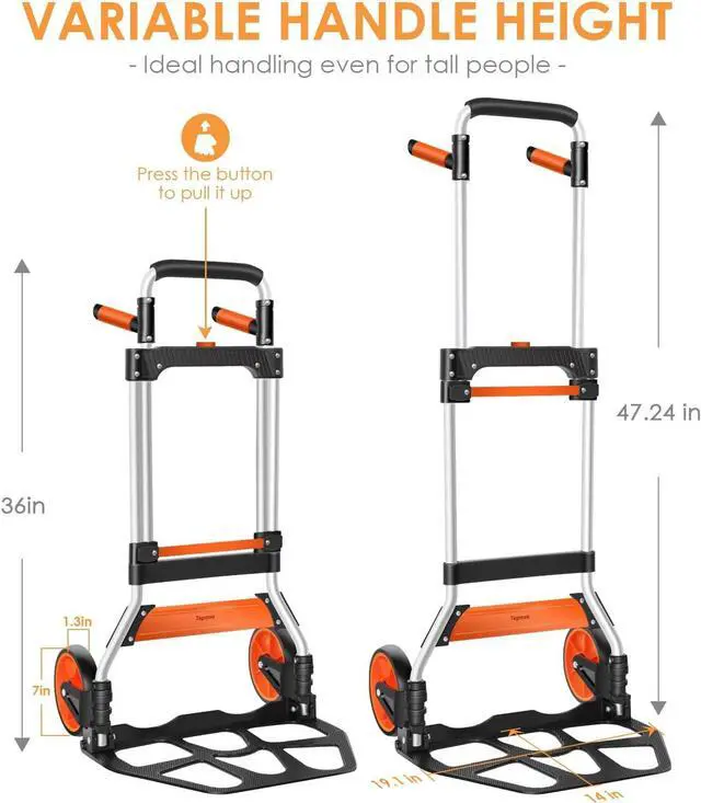 Alt view image 2 of 7 - Dolly Cart, 309 lb Aluminum Folding Hand Truck with Swivel Handle, Heavy Duty Utility Dolly Foldable Trolley with Elastic Cord, 7 Inch Wheels for Moving, Warehousing, Shopping and More