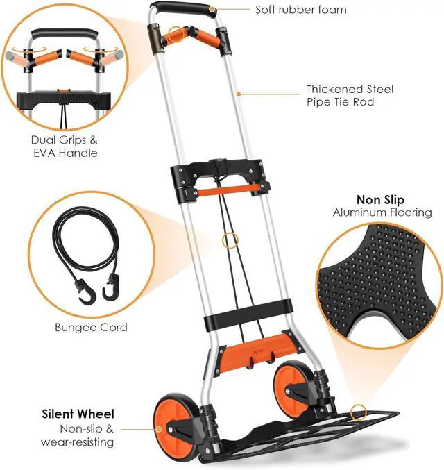 Alt view image 3 of 7 - Dolly Cart, 309 lb Aluminum Folding Hand Truck with Swivel Handle, Heavy Duty Utility Dolly Foldable Trolley with Elastic Cord, 7 Inch Wheels for Moving, Warehousing, Shopping and More