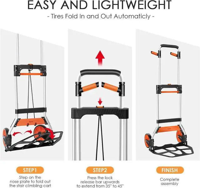Alt view image 5 of 7 - Dolly Cart, 309 lb Aluminum Folding Hand Truck with Swivel Handle, Heavy Duty Utility Dolly Foldable Trolley with Elastic Cord, 7 Inch Wheels for Moving, Warehousing, Shopping and More