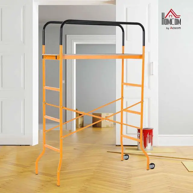 Alt view image 2 of 7 - HOMCOM 4-Step Steel 4.6 x 2 x 6 ft. Scaffold 2 Wheels Free Moving for Indoor & Outdoor Decoration Anti-Skid, 440 Pound Capacity