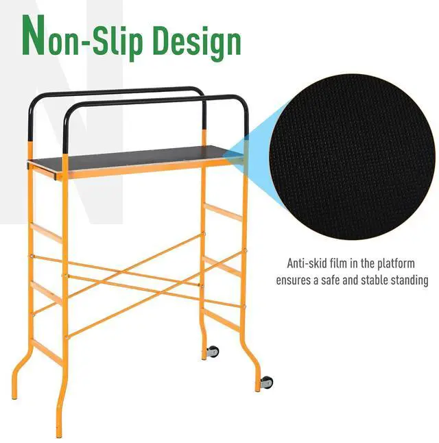 Alt view image 4 of 7 - HOMCOM 4-Step Steel 4.6 x 2 x 6 ft. Scaffold 2 Wheels Free Moving for Indoor & Outdoor Decoration Anti-Skid, 440 Pound Capacity