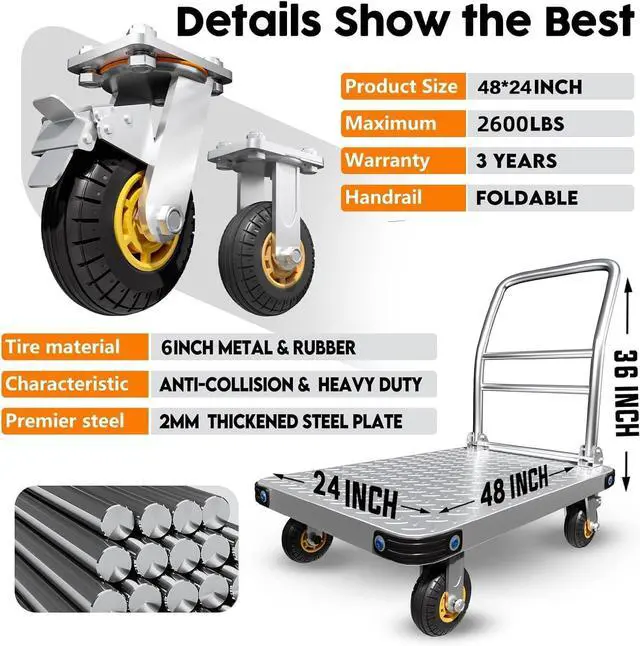 Alt view image 3 of 7 - Heavy Duty Platform Truck Flat Moving Cart Hand Trucks, 2600Lbs Steel Push Cart Dolly, 48 x 24in Large Flatbed with 6'' 360 Degree Swivel Wheels for Easy Storage