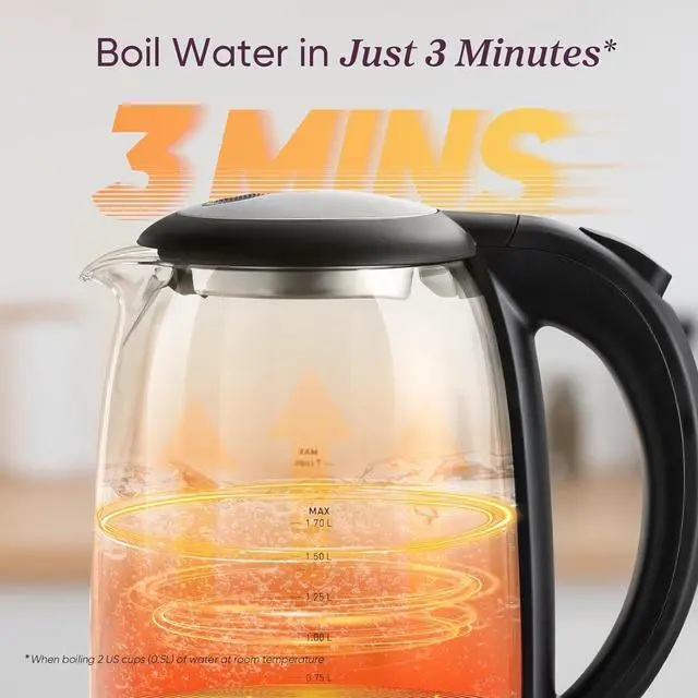 Alt view image 4 of 6 - Cosori Electric Kettle, No Plastic Filter & Spout, 1.7L Tea Kettle & Hot Water Boiler For Coffee & Tea, Water Heater & Teapot, Automatic Shut Off, Borosilicate glass, Black, 1500W