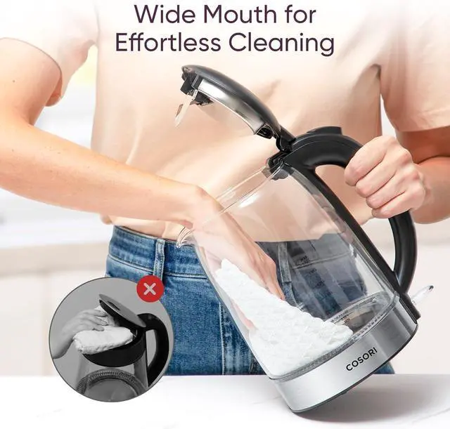 Alt view image 6 of 6 - Cosori Electric Kettle, No Plastic Filter & Spout, 1.7L Tea Kettle & Hot Water Boiler For Coffee & Tea, Water Heater & Teapot, Automatic Shut Off, Borosilicate glass, Black, 1500W