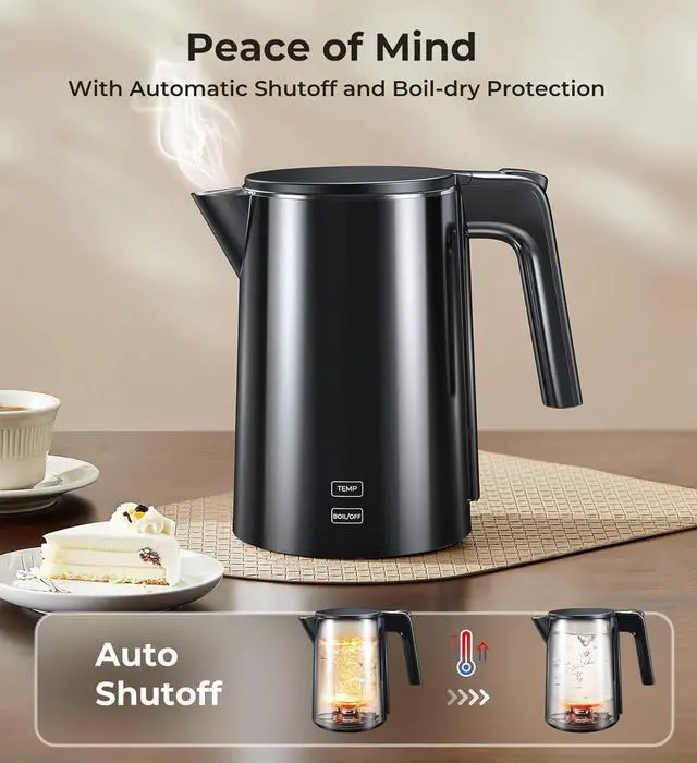 Alt view image 3 of 7 - Electric Kettle, Double Wall Stainless Steel Cool Touch Water Boiler Heater, 7 Temperature Control Teapot, 4H Keep Warm, 1.0L 1200W Fast Heat with Auto Shut-Off, Boil-Dry Proof Coffee Tea Pot, Black