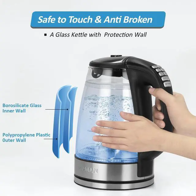 Alt view image 2 of 7 - 1500W Electric Kettle with Temperature Control - 6-Temp Presets for Tea/Coffee, Double Wall Cool-Touch, 4H Keep Warm, 1.7L Borosilicate Glass & BPA-Free, Fast Boil for Home/Office