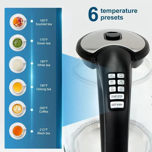 Alt view image 3 of 7 - 1500W Electric Kettle with Temperature Control - 6-Temp Presets for Tea/Coffee, Double Wall Cool-Touch, 4H Keep Warm, 1.7L Borosilicate Glass & BPA-Free, Fast Boil for Home/Office