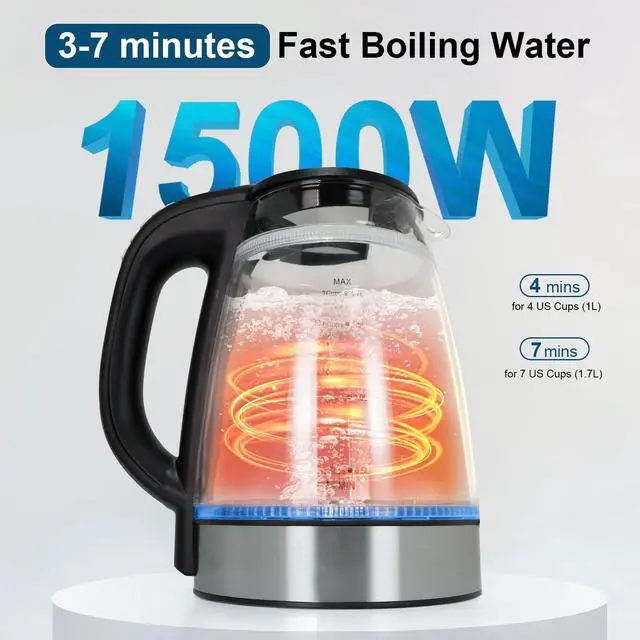 Alt view image 6 of 7 - 1500W Electric Kettle with Temperature Control - 6-Temp Presets for Tea/Coffee, Double Wall Cool-Touch, 4H Keep Warm, 1.7L Borosilicate Glass & BPA-Free, Fast Boil for Home/Office