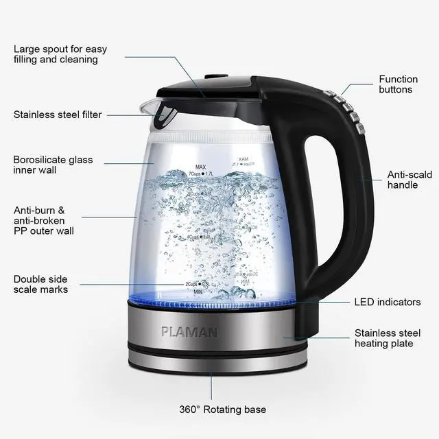 Alt view image 7 of 7 - 1500W Electric Kettle with Temperature Control - 6-Temp Presets for Tea/Coffee, Double Wall Cool-Touch, 4H Keep Warm, 1.7L Borosilicate Glass & BPA-Free, Fast Boil for Home/Office