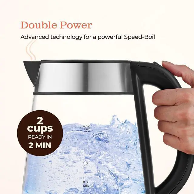 Alt view image 4 of 7 - Speed-Boil Electric Kettle For Coffee & Tea - 1.7L Water Boiler 1500W, Borosilicate Glass, Easy Clean Wide Opening, Auto Shut-Off, Cool Touch Handle, LED Light. 360° Rotation, Boil Dry Protection