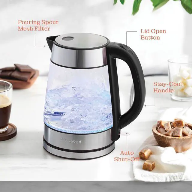 Alt view image 5 of 7 - Speed-Boil Electric Kettle For Coffee & Tea - 1.7L Water Boiler 1500W, Borosilicate Glass, Easy Clean Wide Opening, Auto Shut-Off, Cool Touch Handle, LED Light. 360° Rotation, Boil Dry Protection
