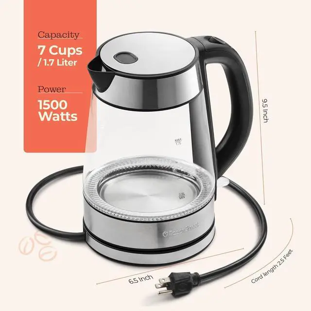 Alt view image 7 of 7 - Speed-Boil Electric Kettle For Coffee & Tea - 1.7L Water Boiler 1500W, Borosilicate Glass, Easy Clean Wide Opening, Auto Shut-Off, Cool Touch Handle, LED Light. 360° Rotation, Boil Dry Protection