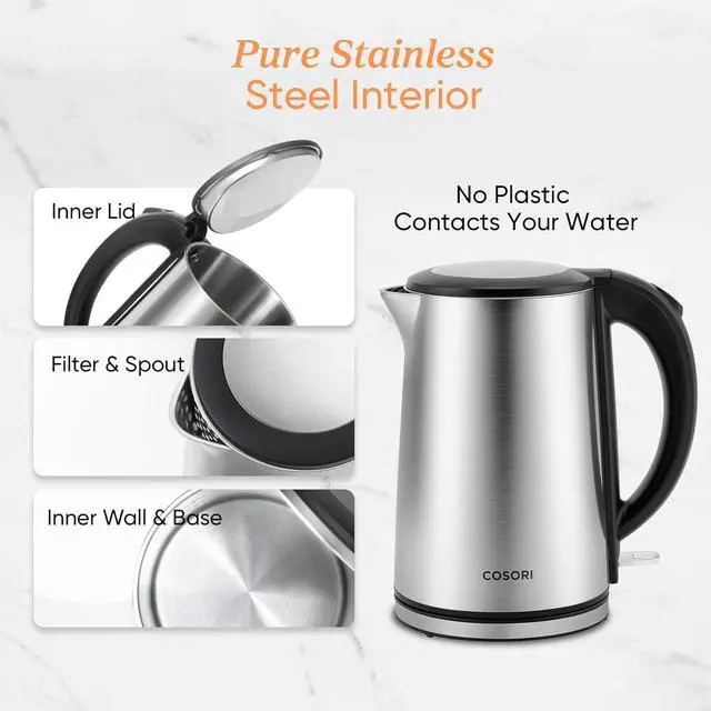 Alt view image 2 of 7 - COSORI Electric Kettle, No Plastic Inner Lid, Filter and Spout, Double Wall Stainless Steel Keep Warm, Automatic Shut Off & Boil-Dry Protection, Durable Tea Kettle Boiler & Heater, 1.5L/1500W, Silver