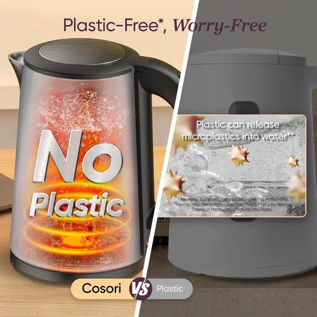 Alt view image 3 of 7 - COSORI Electric Kettle, No Plastic Inner Lid, Filter and Spout, Double Wall Stainless Steel Keep Warm, Automatic Shut Off & Boil-Dry Protection, Durable Tea Kettle Boiler & Heater, 1.5L/1500W, Silver