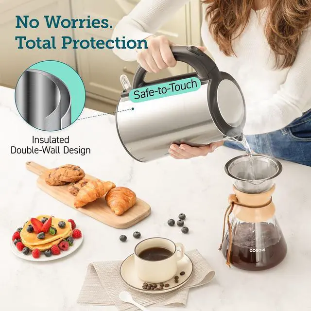 Alt view image 4 of 7 - COSORI Electric Kettle, No Plastic Inner Lid, Filter and Spout, Double Wall Stainless Steel Keep Warm, Automatic Shut Off & Boil-Dry Protection, Durable Tea Kettle Boiler & Heater, 1.5L/1500W, Silver