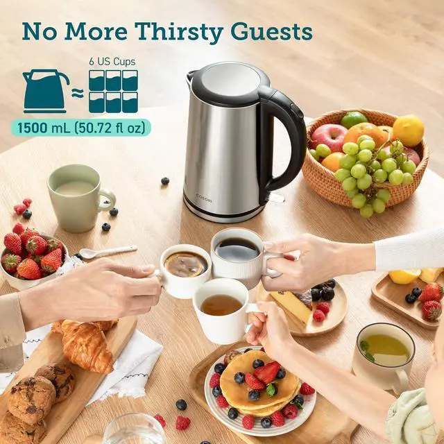 Alt view image 7 of 7 - COSORI Electric Kettle, No Plastic Inner Lid, Filter and Spout, Double Wall Stainless Steel Keep Warm, Automatic Shut Off & Boil-Dry Protection, Durable Tea Kettle Boiler & Heater, 1.5L/1500W, Silver