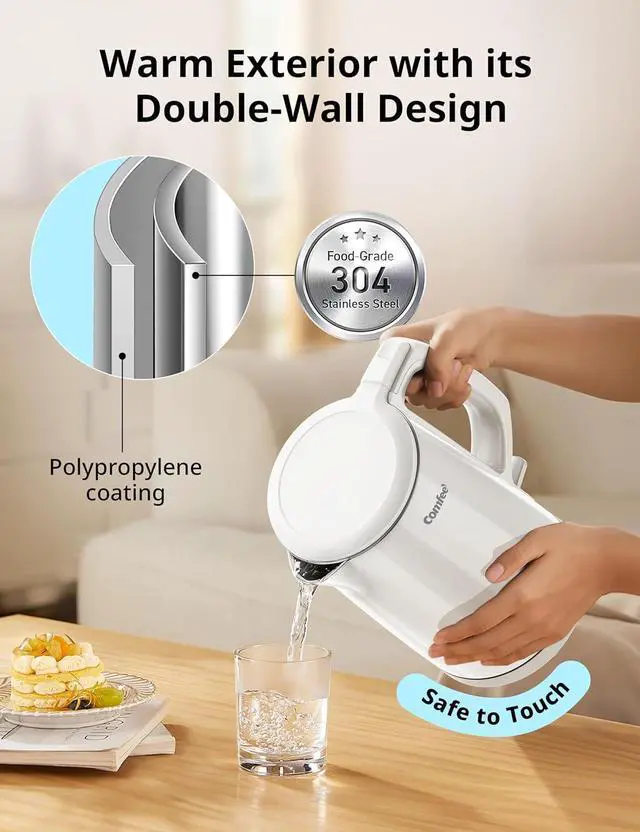 Alt view image 2 of 7 - COMFEE' Electric Kettle and Tea Kettle, 1.5L Double Wall, Stainless Steel Interior, Lid & Spout, Fast Boil, Auto-Off, and Boil-Dry Protection, 1500W