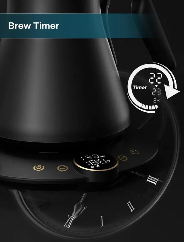 Alt view image 6 of 6 - Electric Kettles, Gooseneck Electric Kettle, ±1 Temperature Control, Stainless Steel Inner, Quick Heating for Pour Over Coffee, Brew Tea, Boil Hot Water, 1500W/0.9L (Ebony Black)
