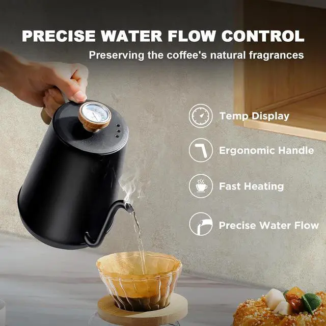 Alt view image 2 of 7 - Nueve&Five Gooseneck Electric Kettle with Thermometer Black Electric Kettle 1L with Auto Shut-Off1000W Hot Water Kettle of Stainless Steel Pour Over Kettle for Coffee & Tea