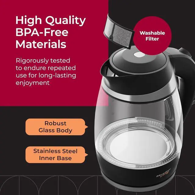 Alt view image 4 of 7 - Mueller Living Electric Kettle, Electric Tea Kettle for Boiling Water, 1500W SpeedBoil with Automatic Shutoff, 1.8L Cordless with LED Light, Borosilicate Glass Tea Kettle Pot Water Heater, BPA Free