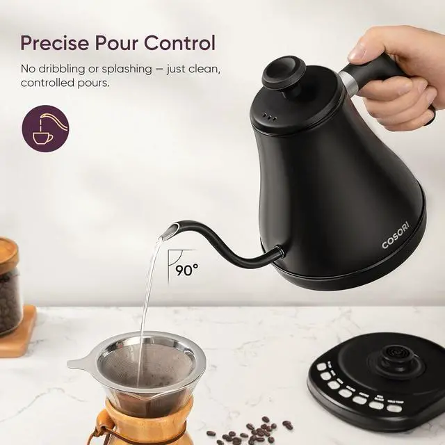 Alt view image 3 of 6 - COSORI Electric Gooseneck Kettle with 5 Temperature Control Presets, Pour Over Kettle for Coffee & Tea, Hot Water Boiler, 100% Stainless Steel Inner Lid & Bottom, 1200W/0.8L