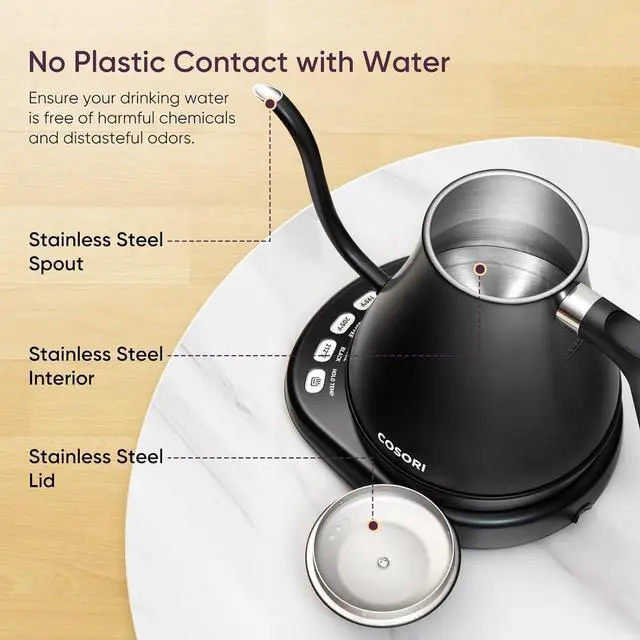 Alt view image 6 of 6 - COSORI Electric Gooseneck Kettle with 5 Temperature Control Presets, Pour Over Kettle for Coffee & Tea, Hot Water Boiler, 100% Stainless Steel Inner Lid & Bottom, 1200W/0.8L
