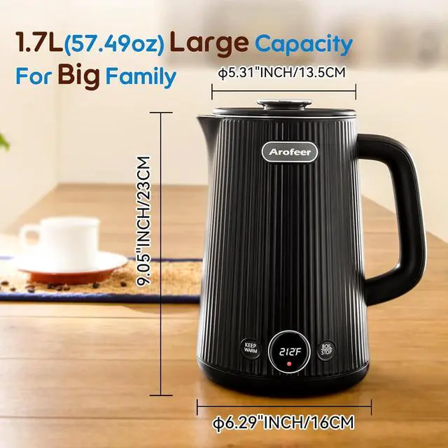 Alt view image 2 of 7 - Arofeer® 1.7L(57oz) Large Electric Kettle Temperature Control, 7+Cups Electric Tea Kettle for Coffee&Tea, 2 quarts Big Hot Water Kettle Electric with,1200W,Keep Warm-Black