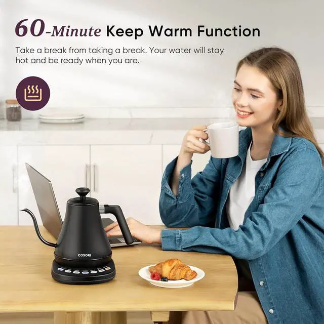 Alt view image 5 of 6 - COSORI Electric Gooseneck Kettle with 5 Temperature Control Presets, Pour Over Kettle for Coffee & Tea, Hot Water Boiler, 100% Stainless Steel Inner Lid & Bottom, 1200W/0.8L