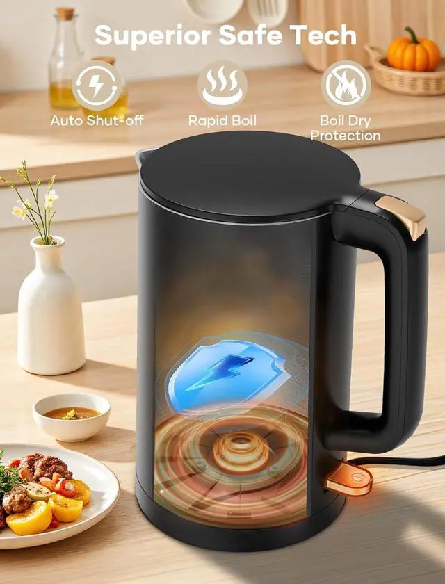 Alt view image 5 of 6 - Electric Kettle, 1.7L Double Wall Stainless Steel Cool Touch, Water Boiler & Heater, 1500W Hot Tea Pot, Auto Shut-Off & Boil Dry Protection, BPA-Free, Cordless Base & LED Indicator, Black